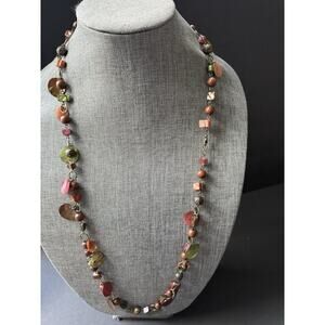 Vintage Beaded Festival Necklace Shells Wood Beads Tropical Boho Long Layered